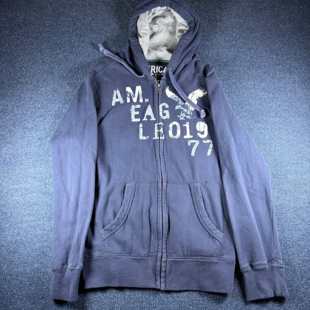 American Eagle Full Zip Hoodie Mens LT 44in Chest Navy Vintage Fit